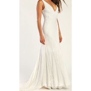 LULU'S XS White Passionate Romance Beaded Sequin Mermaid Maxi Dress NEW 0B7